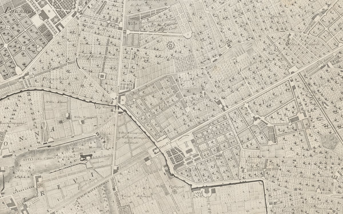 Mapa antigo de loteamento urbano com ruas e quadras